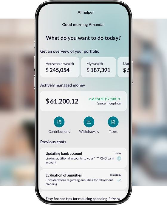 AI helper chat for a wealth-management client showing portfolio overview